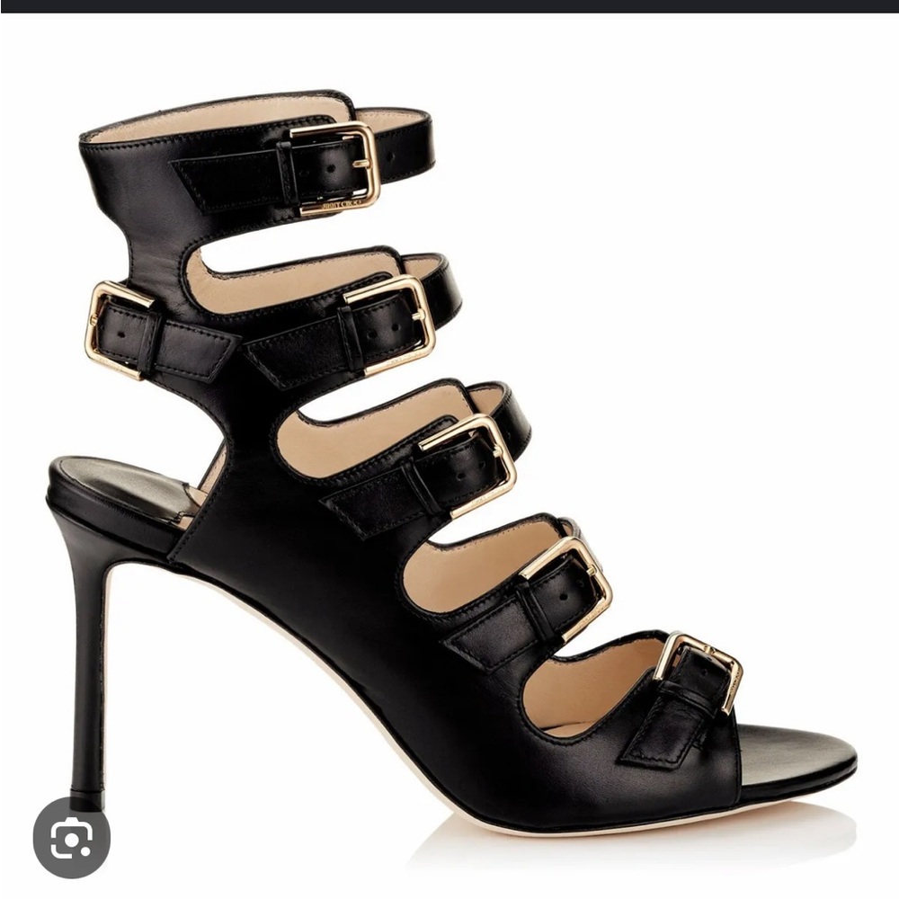 EUC JIMMY CHOO TRICK BUCKLE SANDALS BLACK LEATHER OPEN TOE GLADIATOR